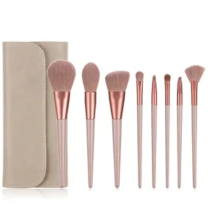 8-piece professional makeup brush set with animal hair and textured storage case in taupe