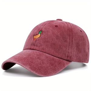 Vintage burgundy washed cotton baseball cap featuring detailed mallard duck embroidery