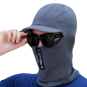Grey winter knitted balaclava with visor and face mask for thermal cycling protection