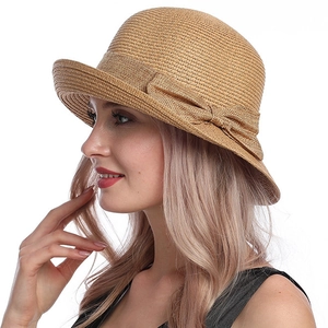 Women Straw Hat Elegant Bowknot Decor Foldable Breathable Wide Brim Summer Beach Sunscreen Vacation Bucket Hat