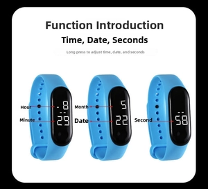 Detail of blue LED sports watch display showing time, date, and touch control interface