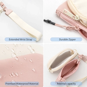 Detail view of pink and white waterproof nylon wristlet with durable zipper and strap