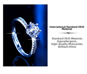 Detail of classic six-prong S925 silver moissanite ring with side accent diamonds