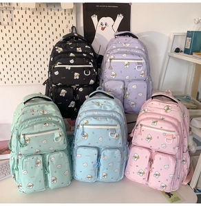 Five assorted colors of cute cartoon backpacks with multiple compartments for students