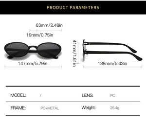 Detailed size specifications for metal oval sunglasses showing dimensions and PC lens data