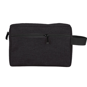 Detail of waterproof black Oxford fabric organizer with zipper and side handle strap