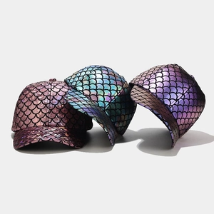 Holographic fish scale pattern baseball caps in iridescent pink, blue and purple colors