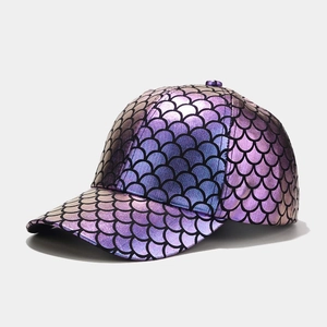 Detail showing laser iridescent fish scale texture on pink gradient baseball cap