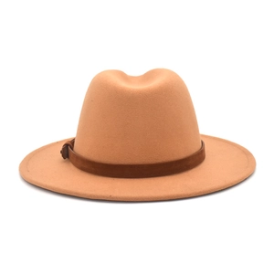 Classic beige wool fedora hat with brown suede belt buckle detail for winter fashion