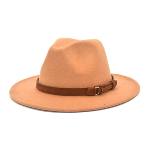 Classic camel wool fedora hat with dark brown decorative band and golden buckle detail