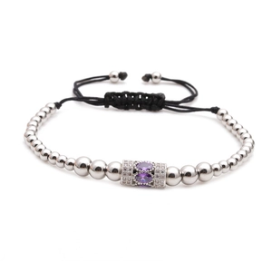 Bracelet ajustable en perles argentées avec zircone et pierres ovales violettes centrées