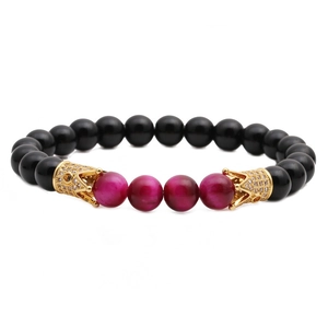 Tiger eye stone bead bracelet with golden crown charms in black and rose red colors