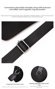 Detail of adjustable woven wide strap and magnetic closure on microfiber crossbody bag
