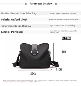 Detail showing dimensions and black nylon shoulder bag with magnetic snap and compartments