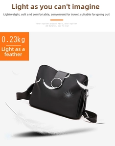Water repellent black polyester crossbody bag showing ultra lightweight 0.23kg feature