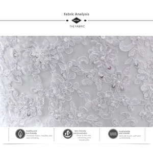 Macro detail of white bridal gown fabric featuring floral embroidery and pearl beadwork