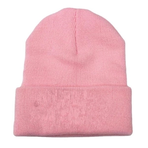 Detailed view of the soft ribbed texture and premium pink knit fabric on the beanie hat