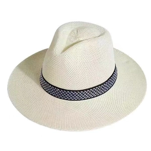 Men's vintage straw sun hat in off-white with black and white woven band detail