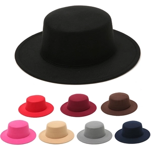 Flat brim wool felt fedora hats shown in eight diverse colors on white background