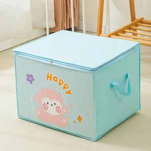 Detail of light blue fabric storage bag with cartoon sheep print and dual zippers