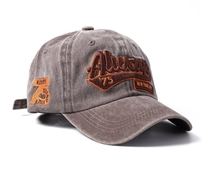 Detail of vintage washed canvas baseball cap featuring 3D Always 75 towel embroidery