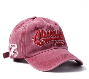 Macro detail of vintage washed burgundy cotton baseball cap with New York embroidery