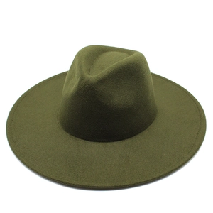 Olive green wool fedora hat with a classic wide flat brim and structured crown for couples