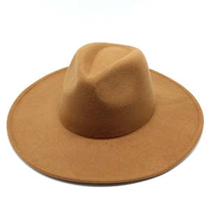 Classic wide-brim camel wool fedora hat with flat brim and teardrop crown for winter