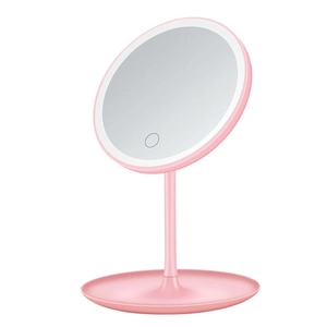 Pink desktop LED makeup mirror with round light ring and base storage tray for cosmetics