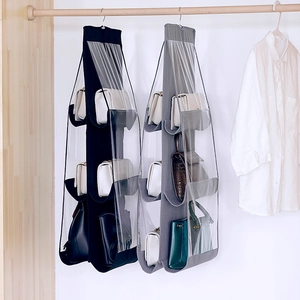 Hanging closet handbag organizer with clear PVC pockets in black and grey non-woven fabric