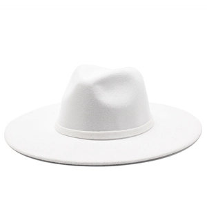 Detail of white wide brim wool fedora hat with matching decorative ribbon band