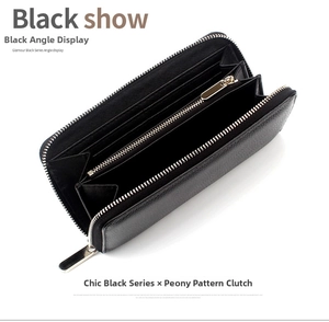 Macro view of black litchi leather wallet interior with card slots and gold zipper