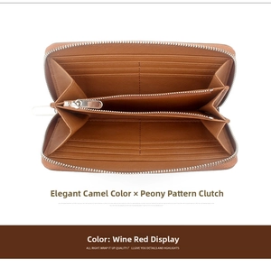 Detailed view of camel leather wallet interior with multiple card slots and zipper pocket
