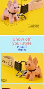 Detail view showing dimensions of pink and brown French Bulldog PVC keychains