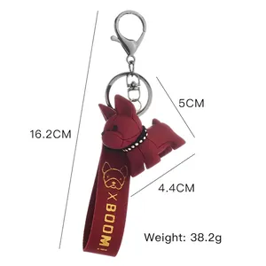 Cute dark red French Bulldog keychain with gold lettering strap and precise measurements