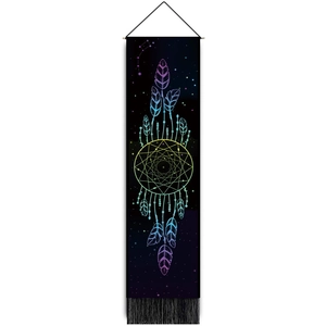 Nordic dream catcher feather tapestry with fringe tassels on white background