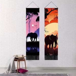 Forest animal silhouette wall tapestries featuring elephant art and elegant black tassels