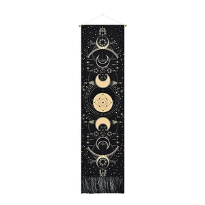 Bohemian sun and moon phase wall tapestry with gold stars and black tassels for bedroom