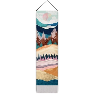 Close-up of abstract mountain tapestry with colorful digital print and elegant tassels