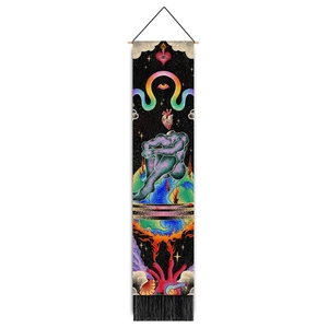 Detailed texture of cotton linen tapestry featuring artistic universe and tassel accents