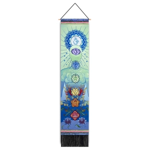 Vertical meditation wall hanging with Seven Chakras print, wooden pole and black tassels
