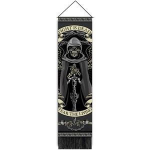 Gothic tapestry featuring winged skull sword and Fight Is Dead text in black and white