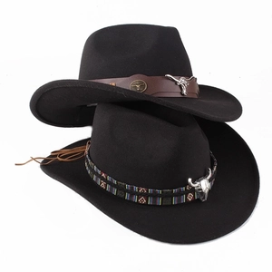Black wool felt western cowboy hat with ethnic braided band and metal bull head ornament
