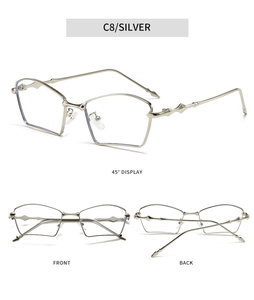 Three-angle view of silver geometric metal frames with unique 3D rhombus temples