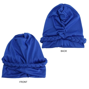 Front and back view of a royal blue turban cap with braided headband detail