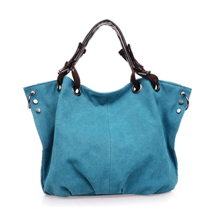 Blue canvas tote bag, large capacity shoulder handbag with brown handles for daily casual.