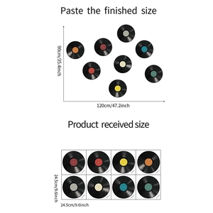 Detail showing 8 vinyl record wall stickers with finished size and layout dimensions