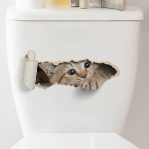 3D realistic brown tabby cat peeking from torn hole sticker on white toilet tank