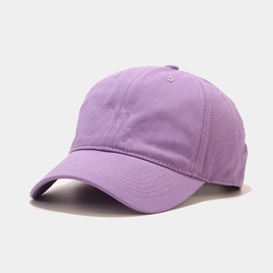 Close-up of lavender cotton twill baseball cap showing stitch detail and six-panel crown