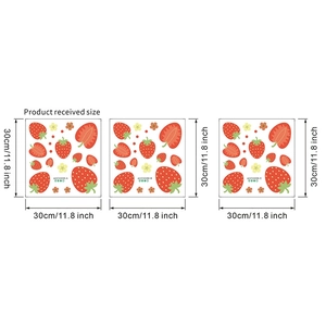 Detailed dimensions of three strawberry wall stickers, each 30x30cm or 11.8 inches square